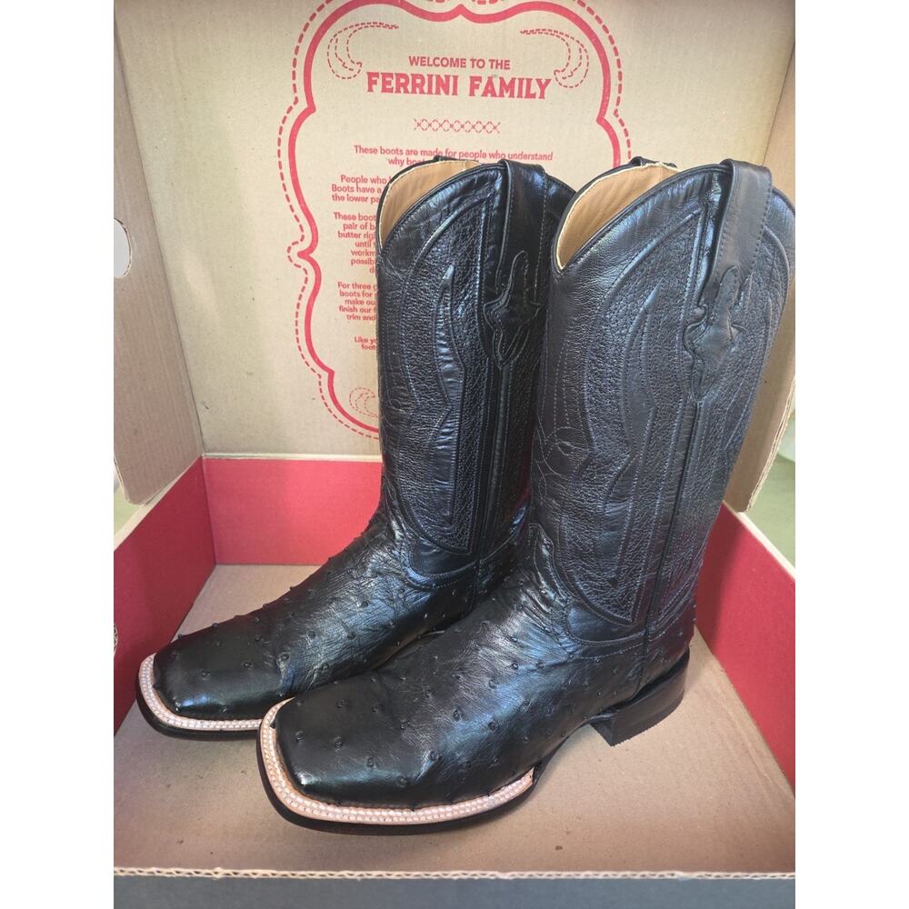 Ferrini Full Quill Ostrich Square Toe Cowboy Mens Black Dress Boots US8.5 - Picture 5 of 11